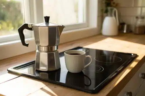 Cafetière italienne en métal posée sur une plaque à induction noire, à côté d'une tasse de café, dans une cuisine baignée de lumière naturelle