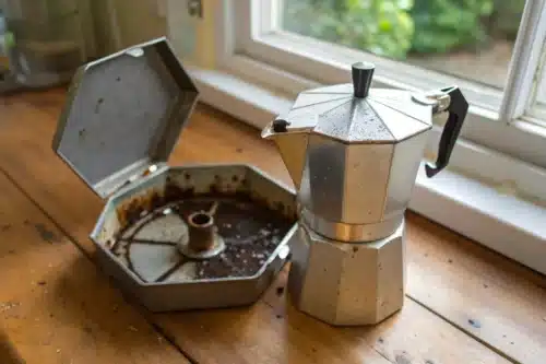 Cafetière italienne en aluminium démontée sur un plan de travail en bois, le fond du réservoir marqué de taches blanches et de dépôts bruns