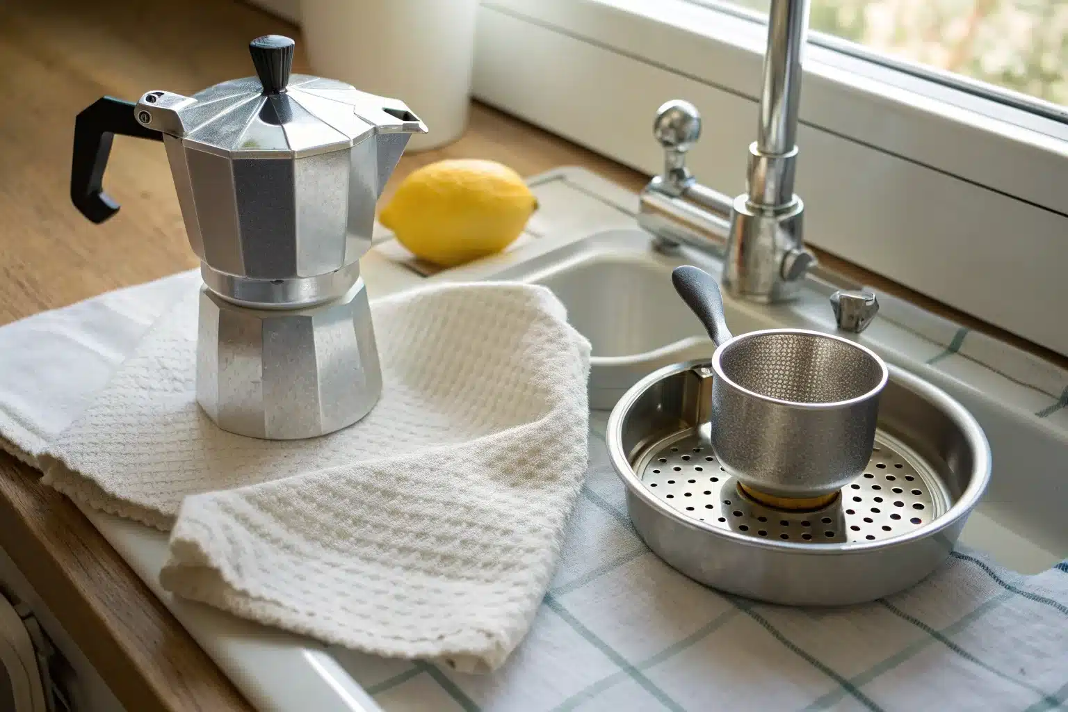 Cafetière italienne en aluminium propre posée sur un torchon près d'un évier, avec son entonnoir et son filtre en train de sécher et un citron en arrière-plan