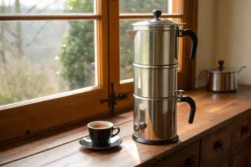 Cafetière napolitaine en aluminium à deux cylindres posée sur un plan de travail en bois près d'une fenêtre, à côté d'une tasse de café