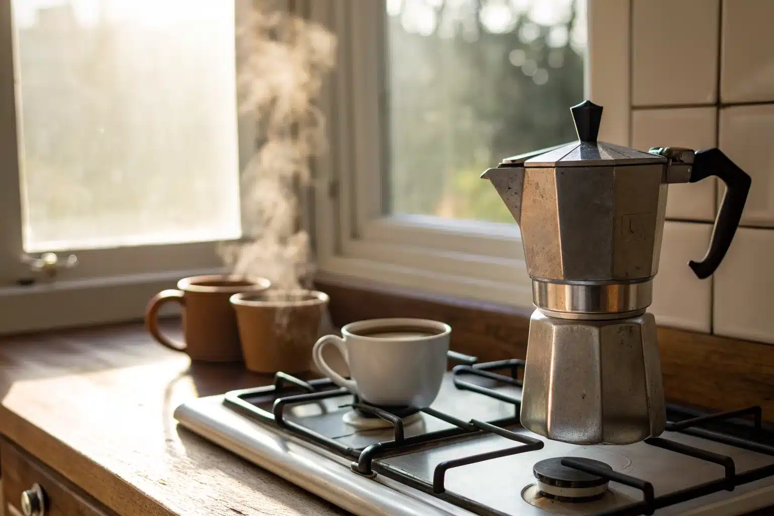 Cafetière italienne moka en aluminium posée sur une gazinière, à côté de tasses de café fumantes près d'une fenêtre