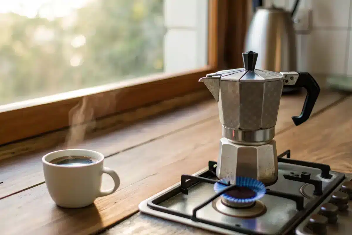 Cafetière italienne en aluminium posée sur un feu de gaz dans une cuisine, à côté d'une tasse de café fumante