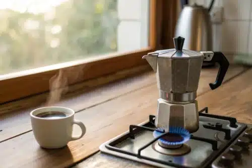 Cafetière italienne en aluminium posée sur un feu de gaz dans une cuisine, à côté d'une tasse de café fumante