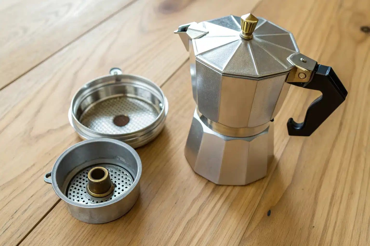 Cafetière italienne en aluminium sur une table en bois, avec à côté son filtre en entonnoir et sa grille métallique démontés