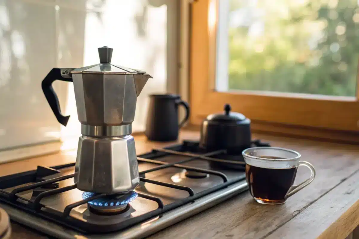 Cafetière italienne en aluminium posée sur la flamme bleue d'une gazinière, à côté d'une tasse de café noir et d'une fenêtre baignée de lumière