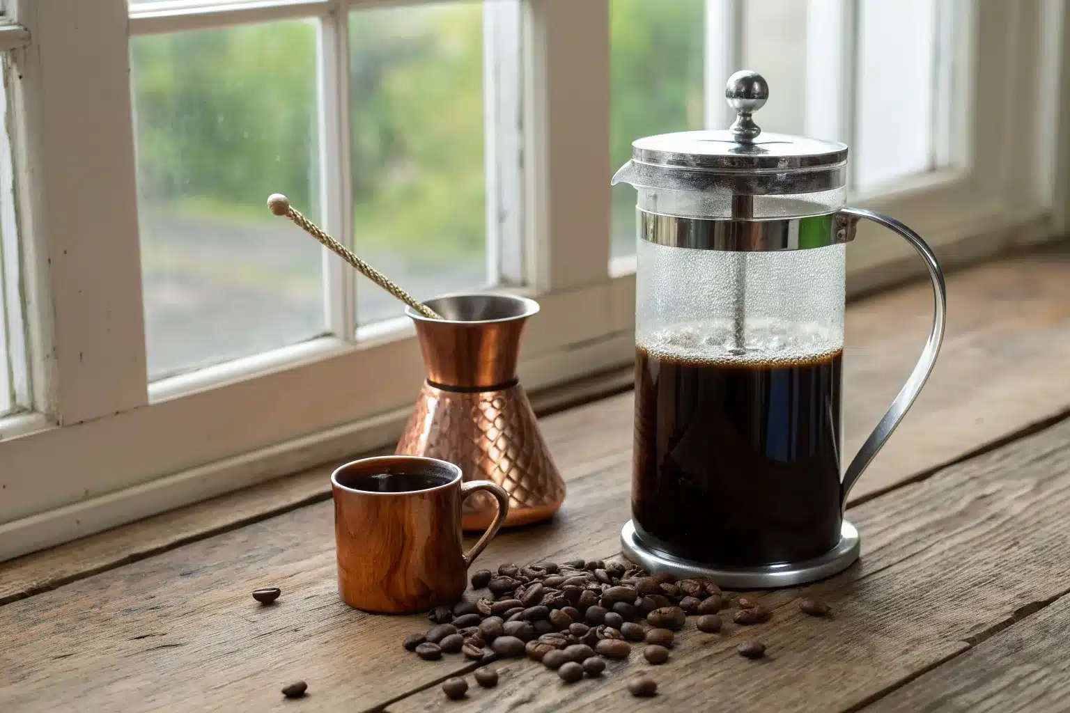 Cafetière à piston en verre remplie de café à côté d'un petit pot à café en cuivre et d'une tasse, sur une table en bois près d'une fenêtre