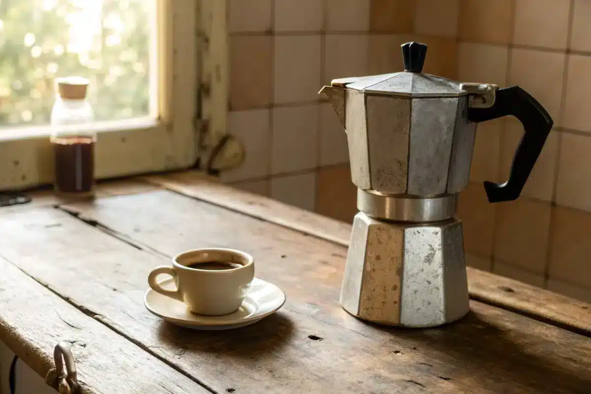 Ancienne cafetière moka octogonale en aluminium posée sur une table en bois à côté d'une tasse de café