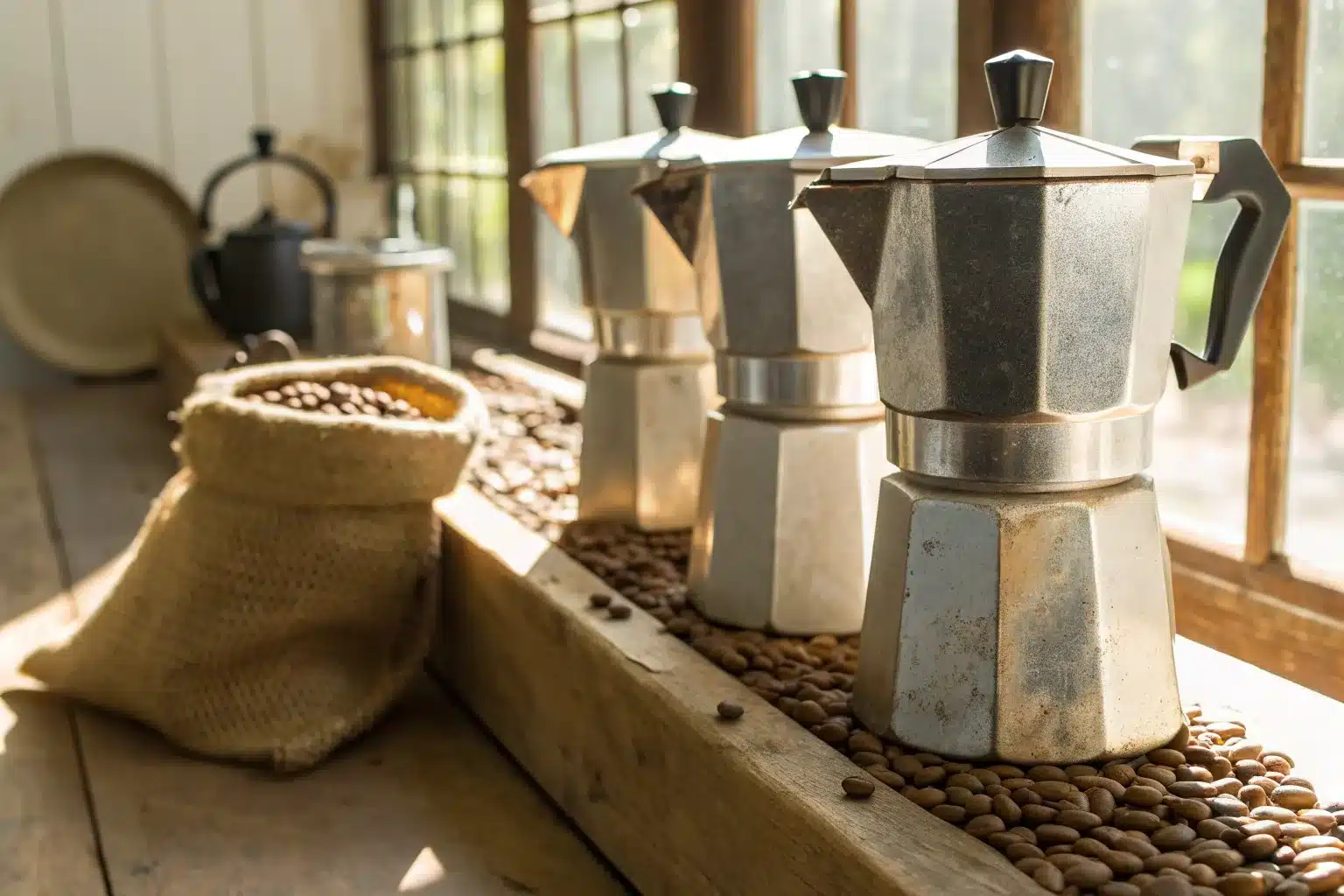 Trois anciennes cafetières moka en aluminium alignées sur une étagère en bois près d'un sac de grains de café